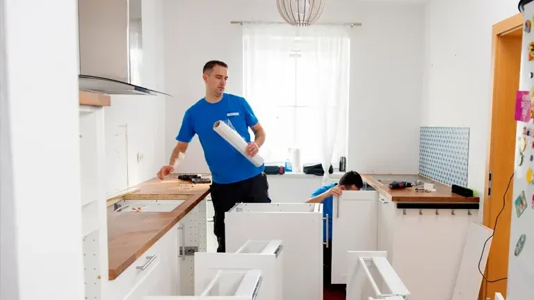 Küchenmontage: Zwei Monteure in blauer Arbeitskleidung stehen vor weißen Küchenschränken um diese zu montieren.