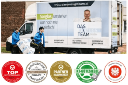 Umzug -Umzugswagen von der Umzugsfirma DasUmzugsteam mit 2 Möbelpackern im Vordergrund