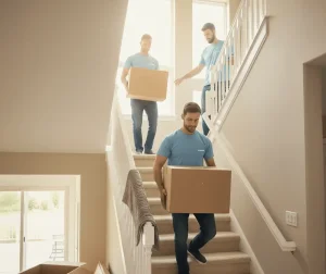 Möbelpacker tragen Kisten die Treppe hinunter